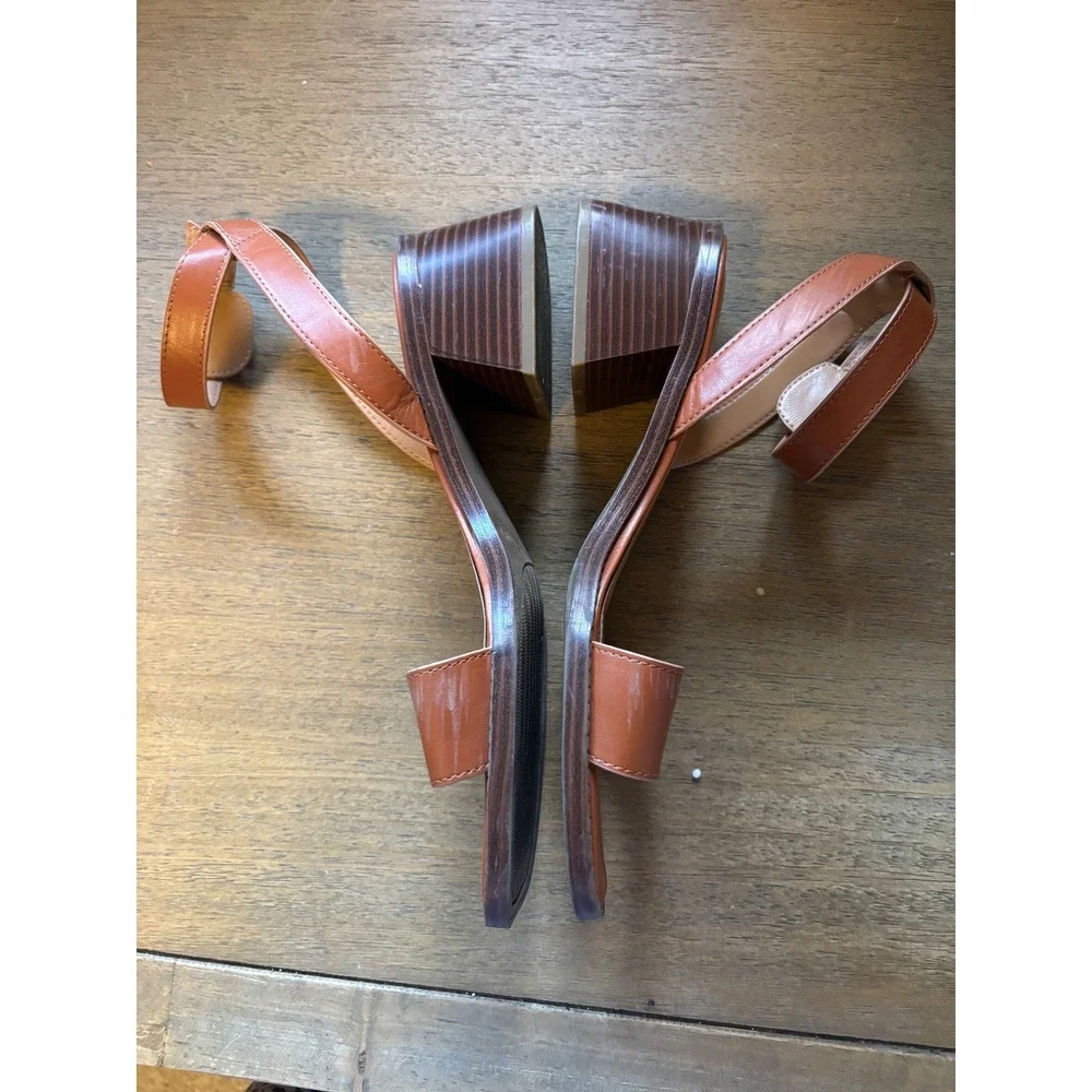 Tommy Hilfiger Tan Brown Ankle Strap Block Heel Square Toe Sandals